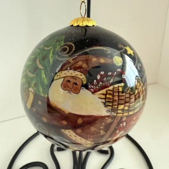 Glass Santa Claus Ornament Reverse Hand Painted With Red Box Night Sky - Picture 1 of 8